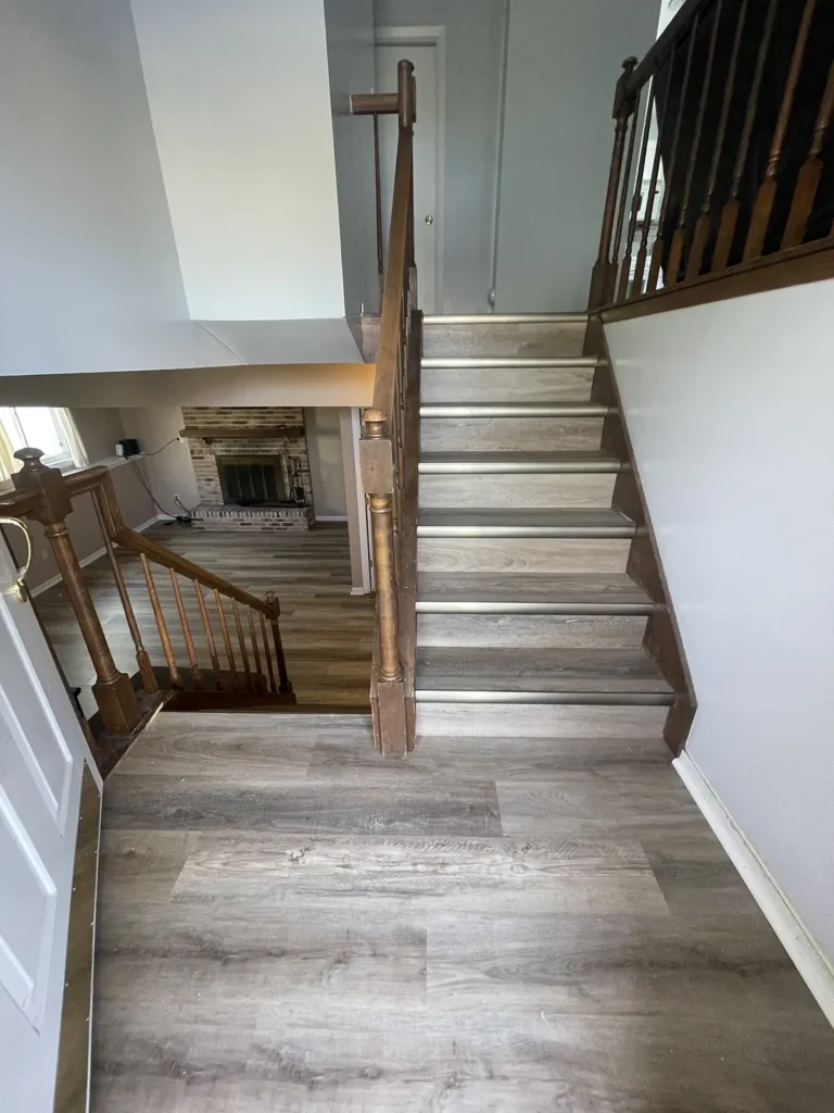 LVP installation on stairs by St. Charles LVP Flooring Pros.